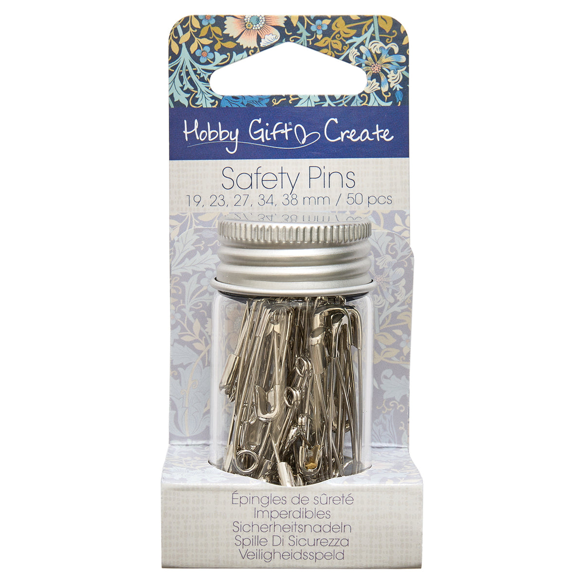 Glass jar of assorted silver safety pins