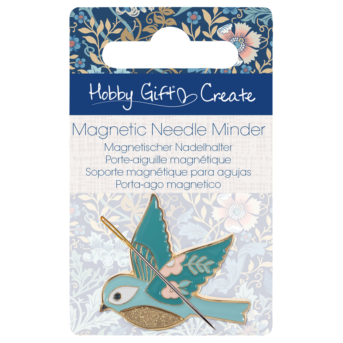 Enamel bird needle minder with gold accents