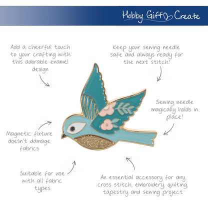 Enamel bird needle minder with gold accents