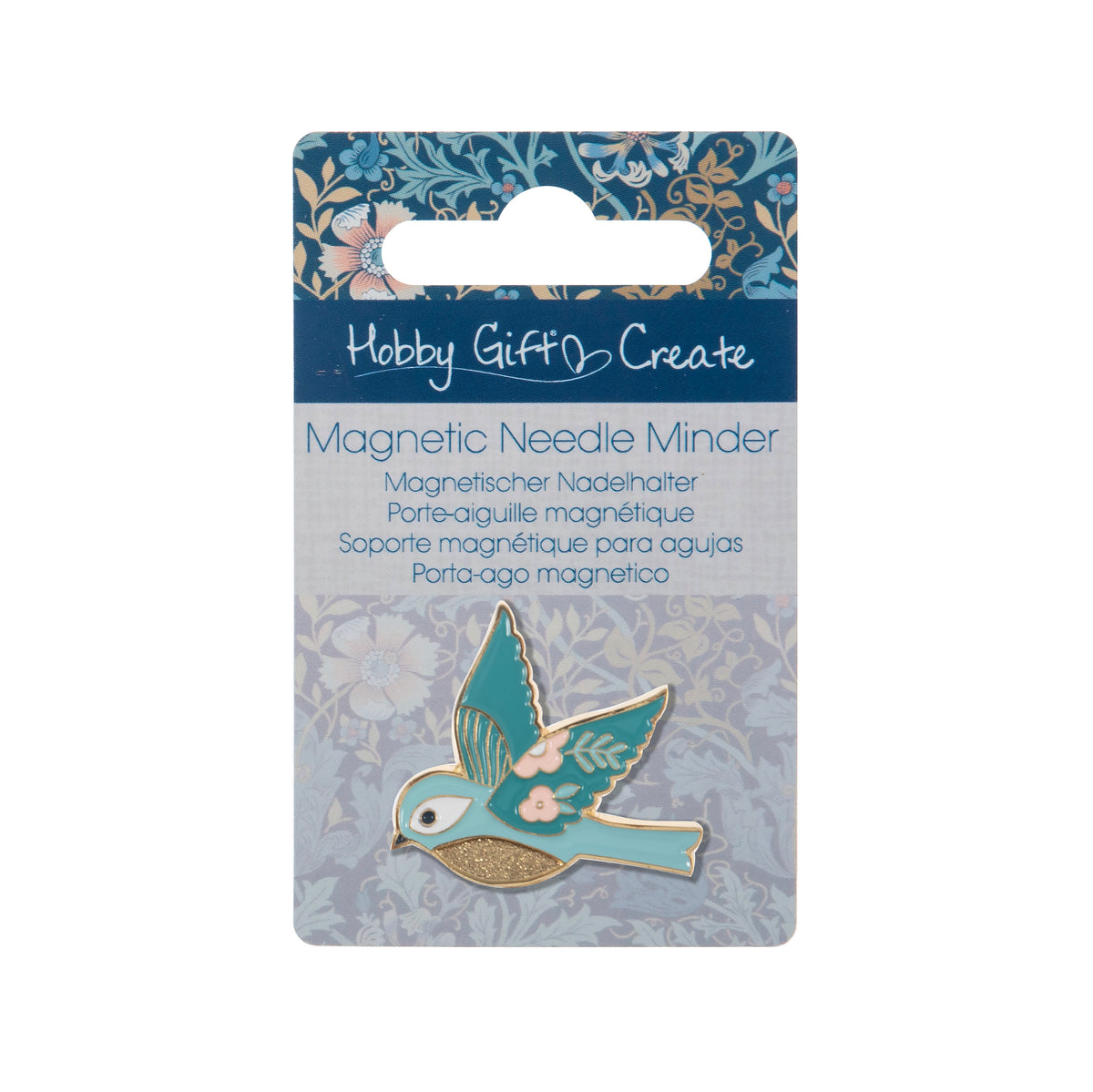 Enamel bird needle minder with gold accents