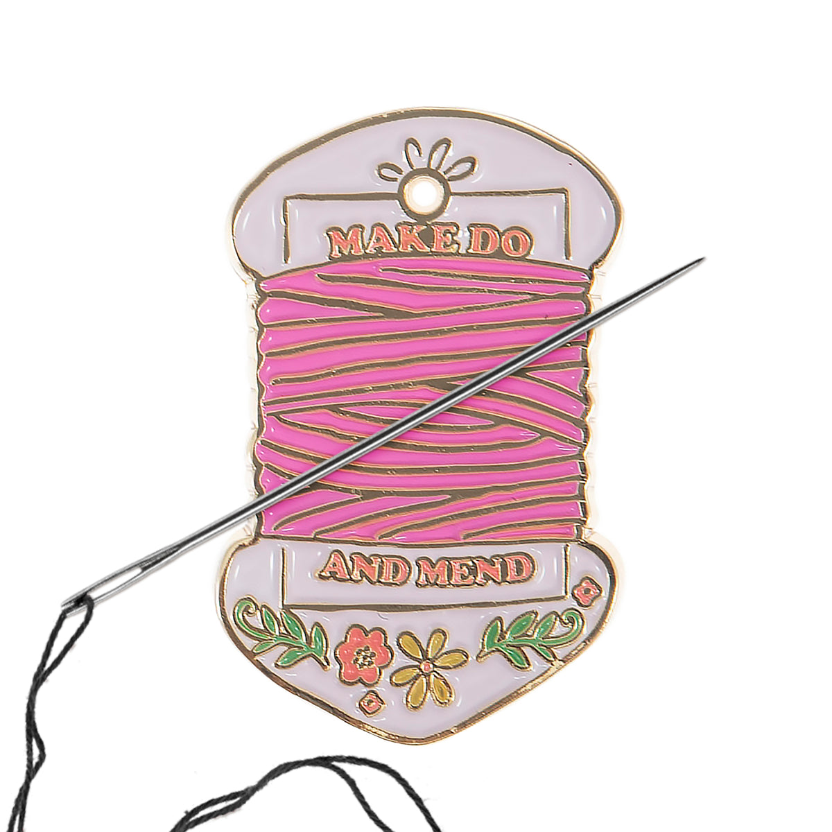 Enamel cotton reel needle minder reading Make Do and Mend