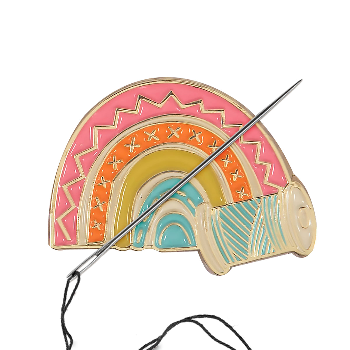 Enamel rainbow and cotton reel needle minder