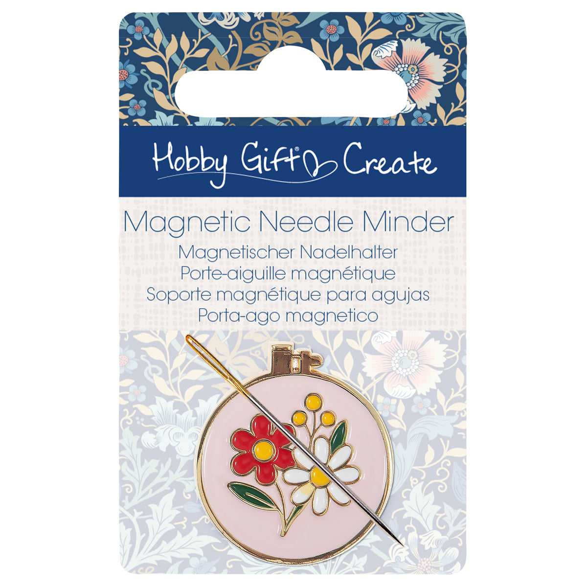 Round enamel magnetic needle minder with a colourful enamel embroidery hoop design with bright floral detailing