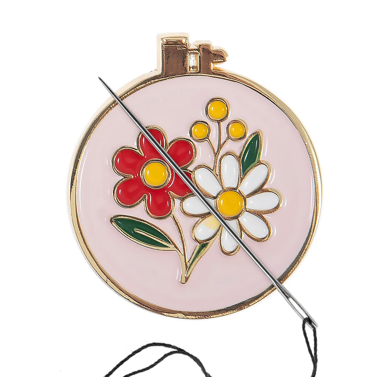 Round enamel magnetic needle minder with a colourful enamel embroidery hoop design with bright floral detailing