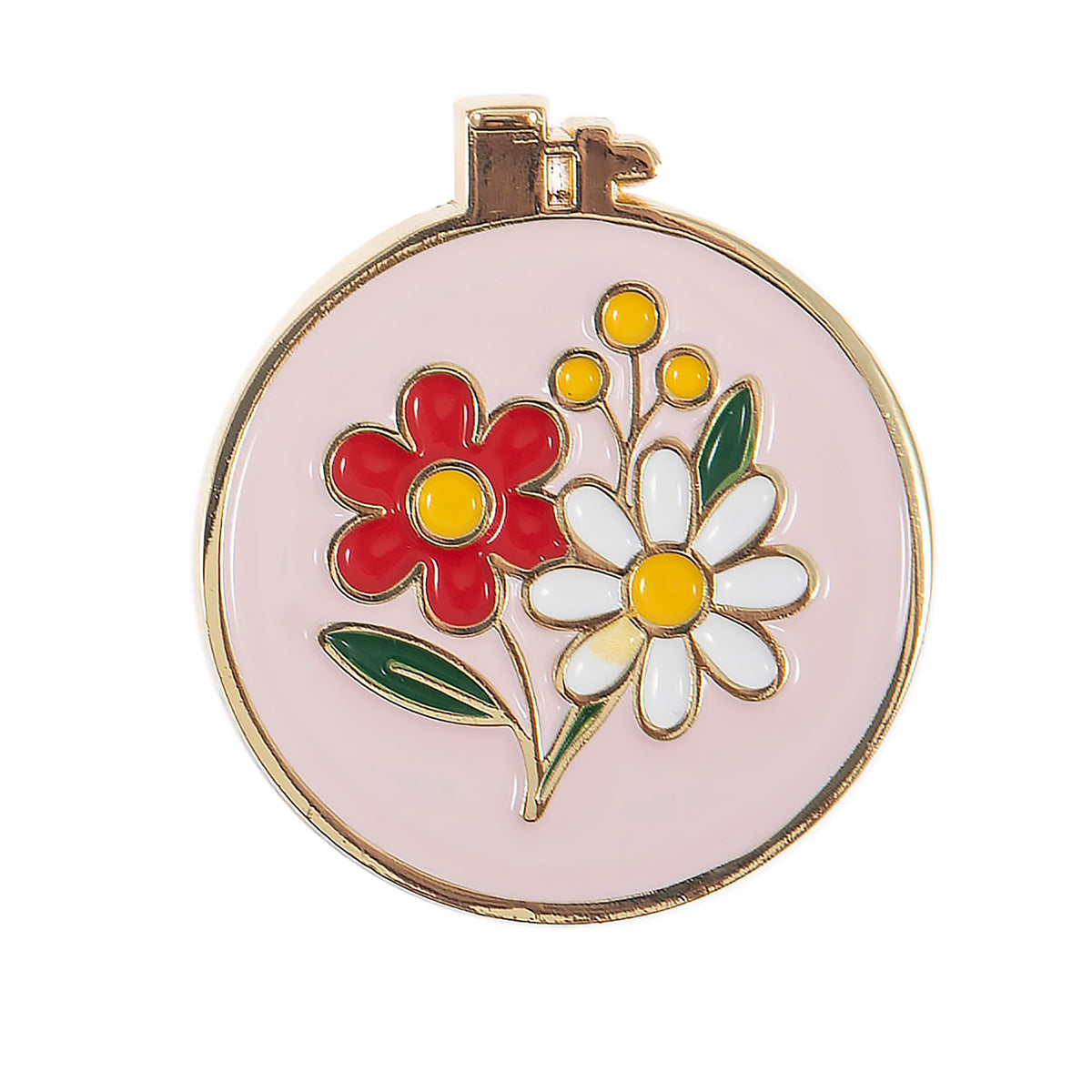 Round enamel magnetic needle minder with a colourful enamel embroidery hoop design with bright floral detailing