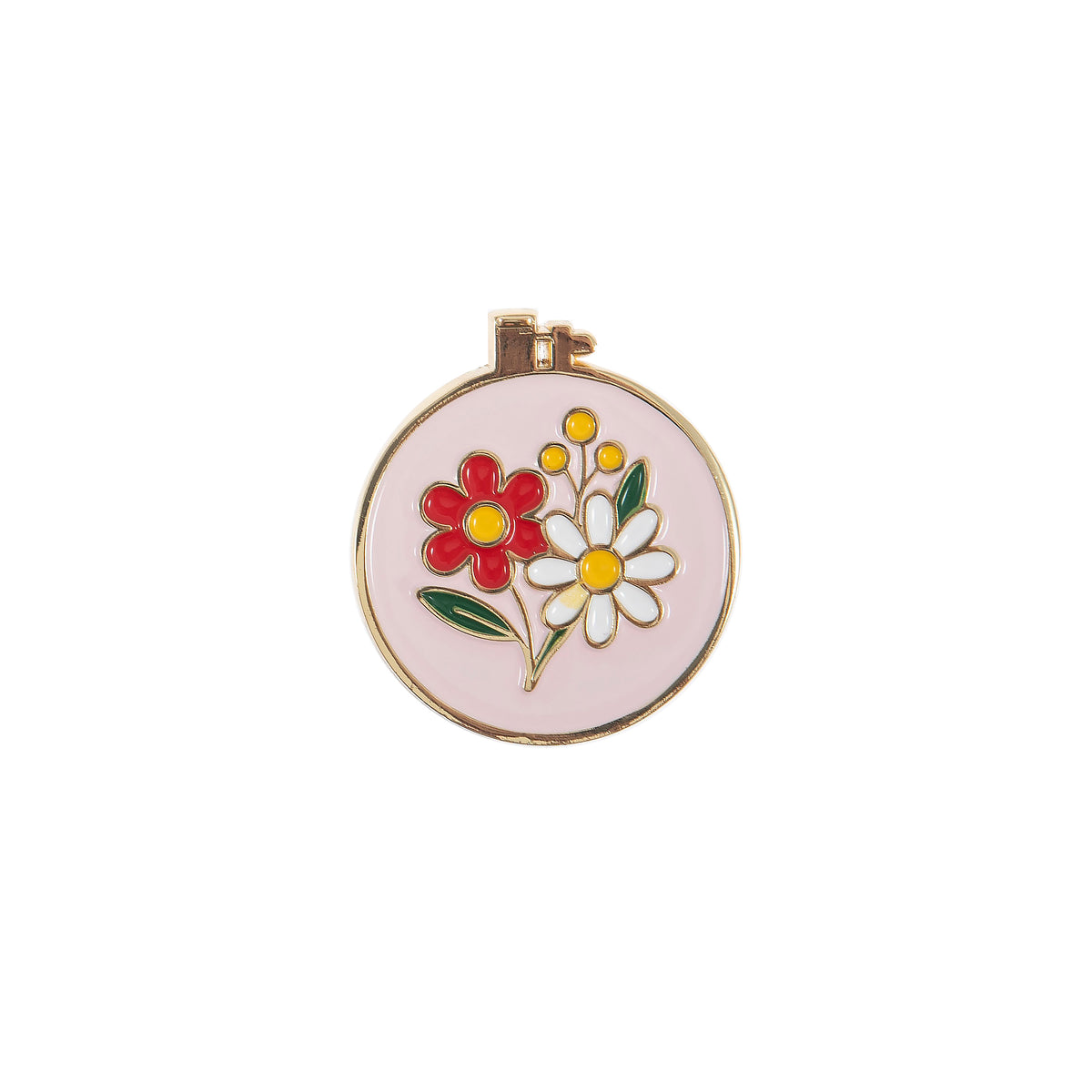 Round enamel magnetic needle minder with a colourful enamel embroidery hoop design with bright floral detailing