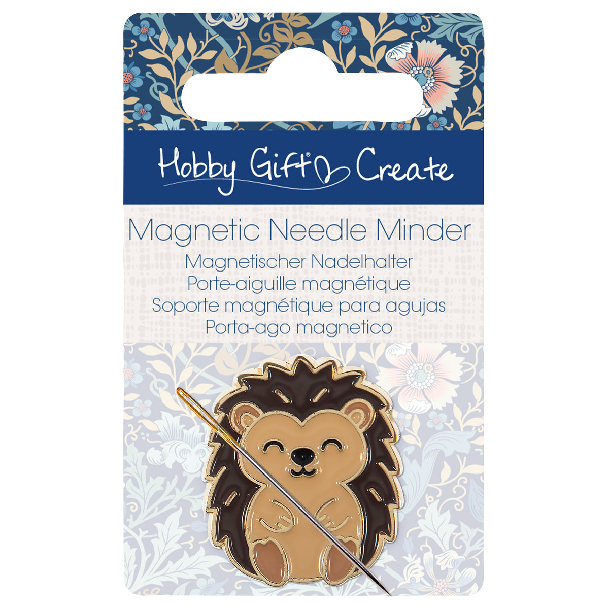 Round enamel magnetic needle minder with an enamel hedgehog design in warm brown and cream