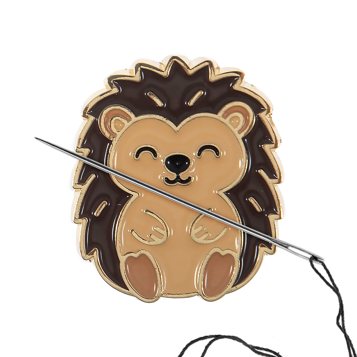 Round enamel magnetic needle minder with an enamel hedgehog design in warm brown and cream