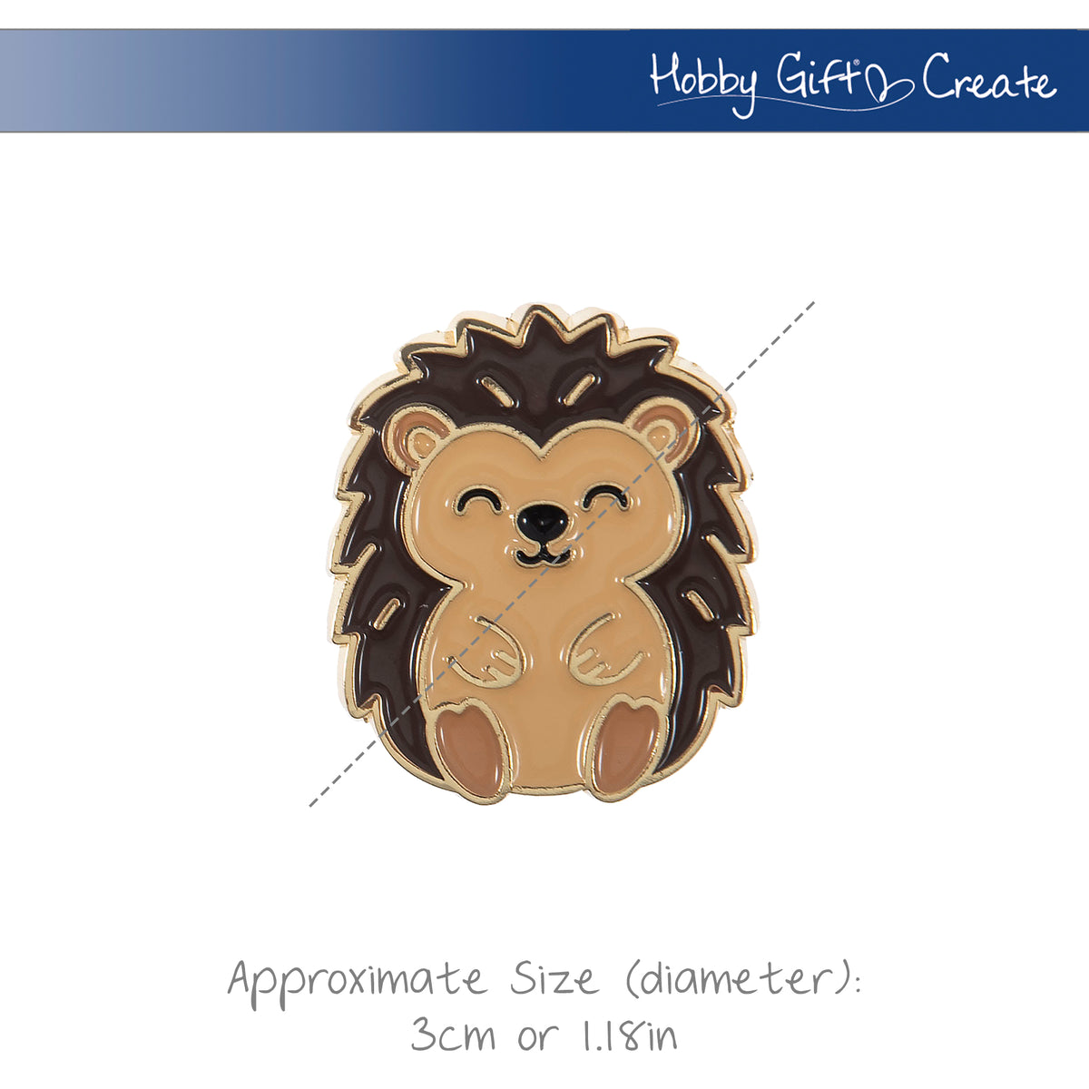 Round enamel magnetic needle minder with an enamel hedgehog design in warm brown and cream