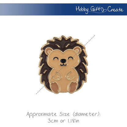 Round enamel magnetic needle minder with an enamel hedgehog design in warm brown and cream