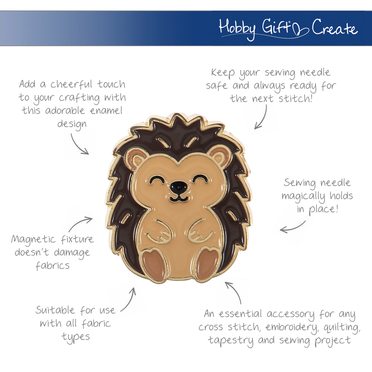 Round enamel magnetic needle minder with an enamel hedgehog design in warm brown and cream