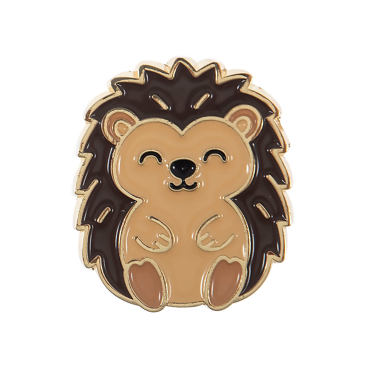 Round enamel magnetic needle minder with an enamel hedgehog design in warm brown and cream