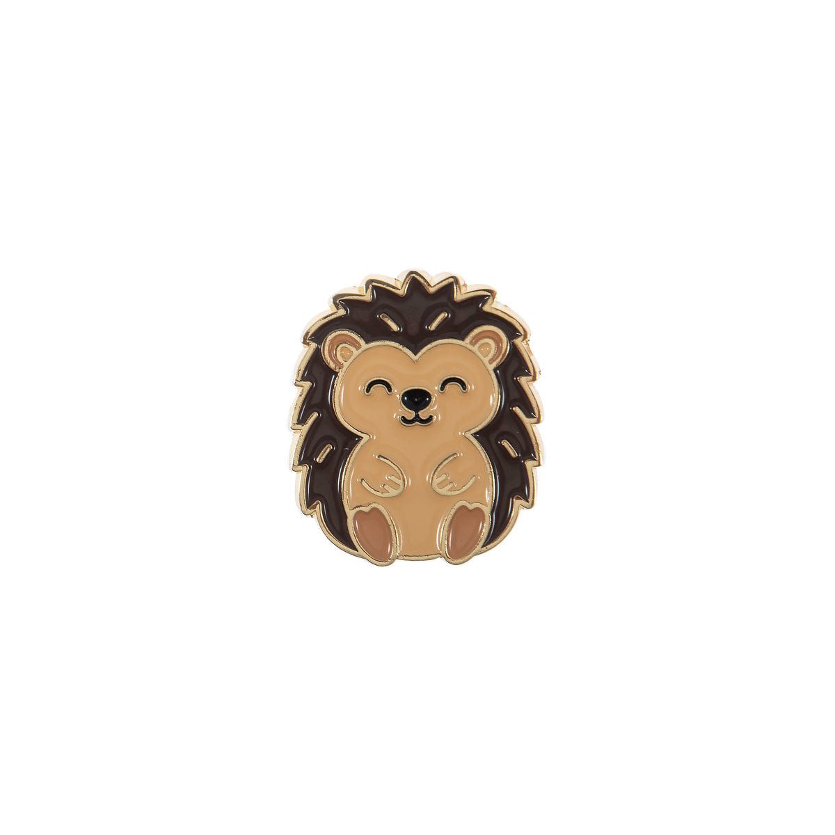 Round enamel magnetic needle minder with an enamel hedgehog design in warm brown and cream