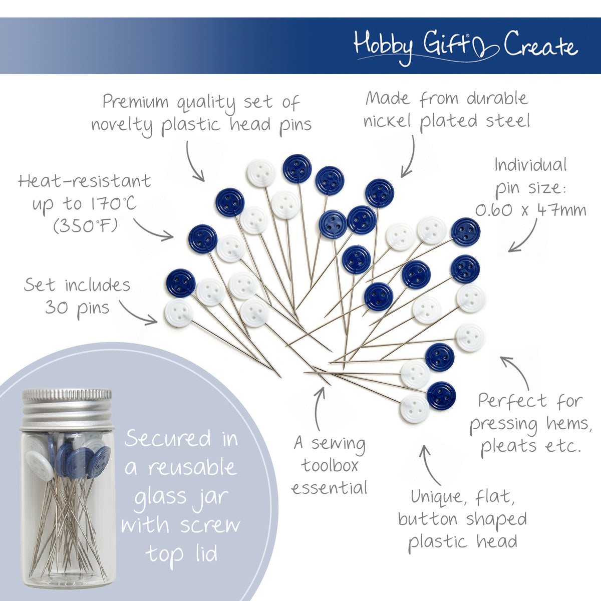Glass jar of blue and white button head pins