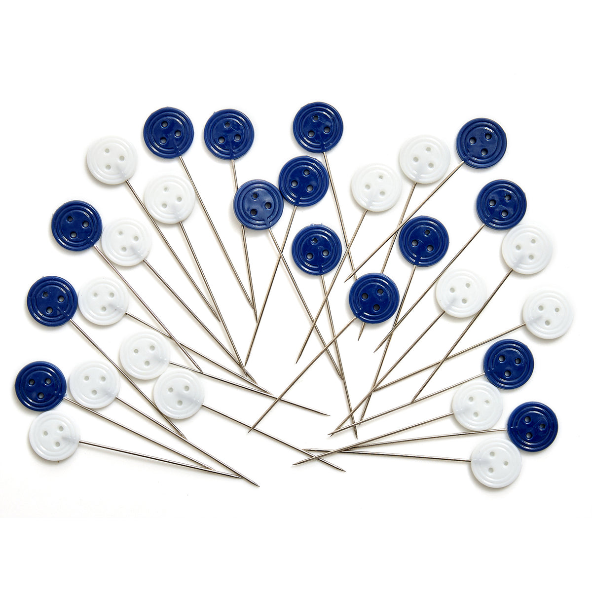 Glass jar of blue and white button head pins