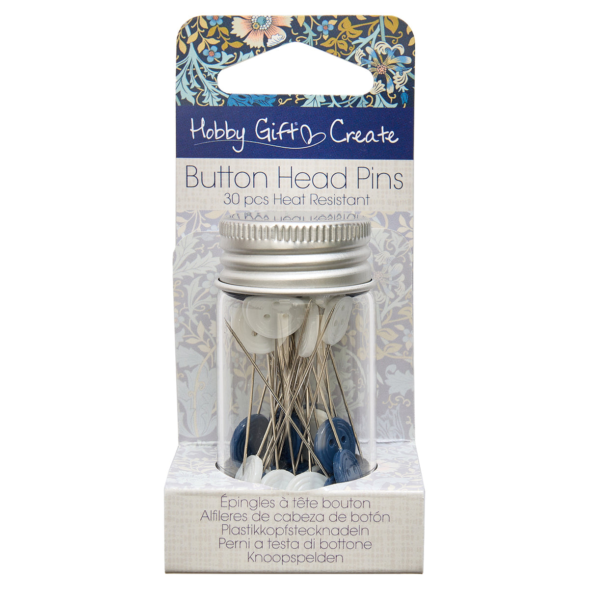 Glass jar of blue and white button head pins