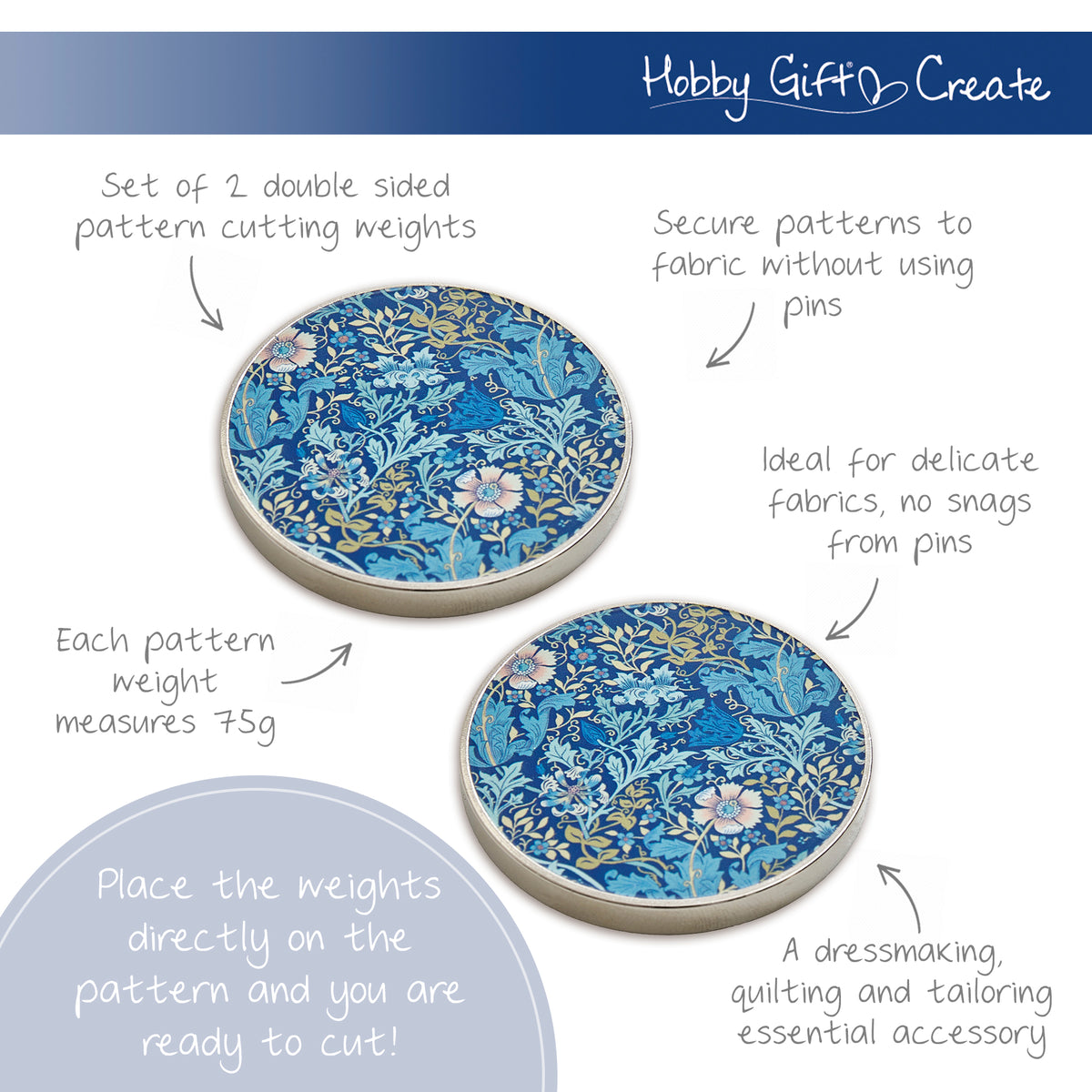 Two round metal pattern weights with woodblock print