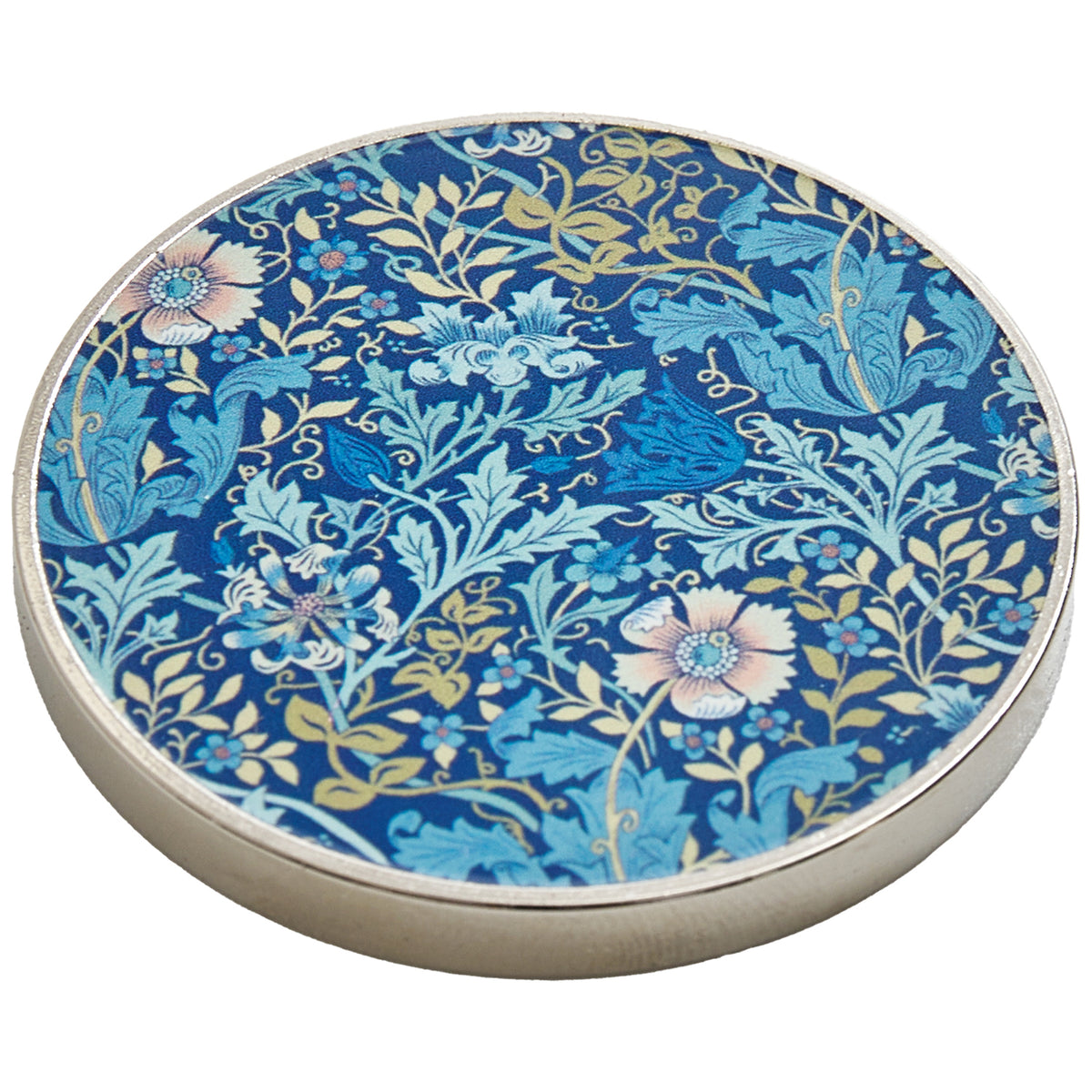 Two round metal pattern weights with woodblock print