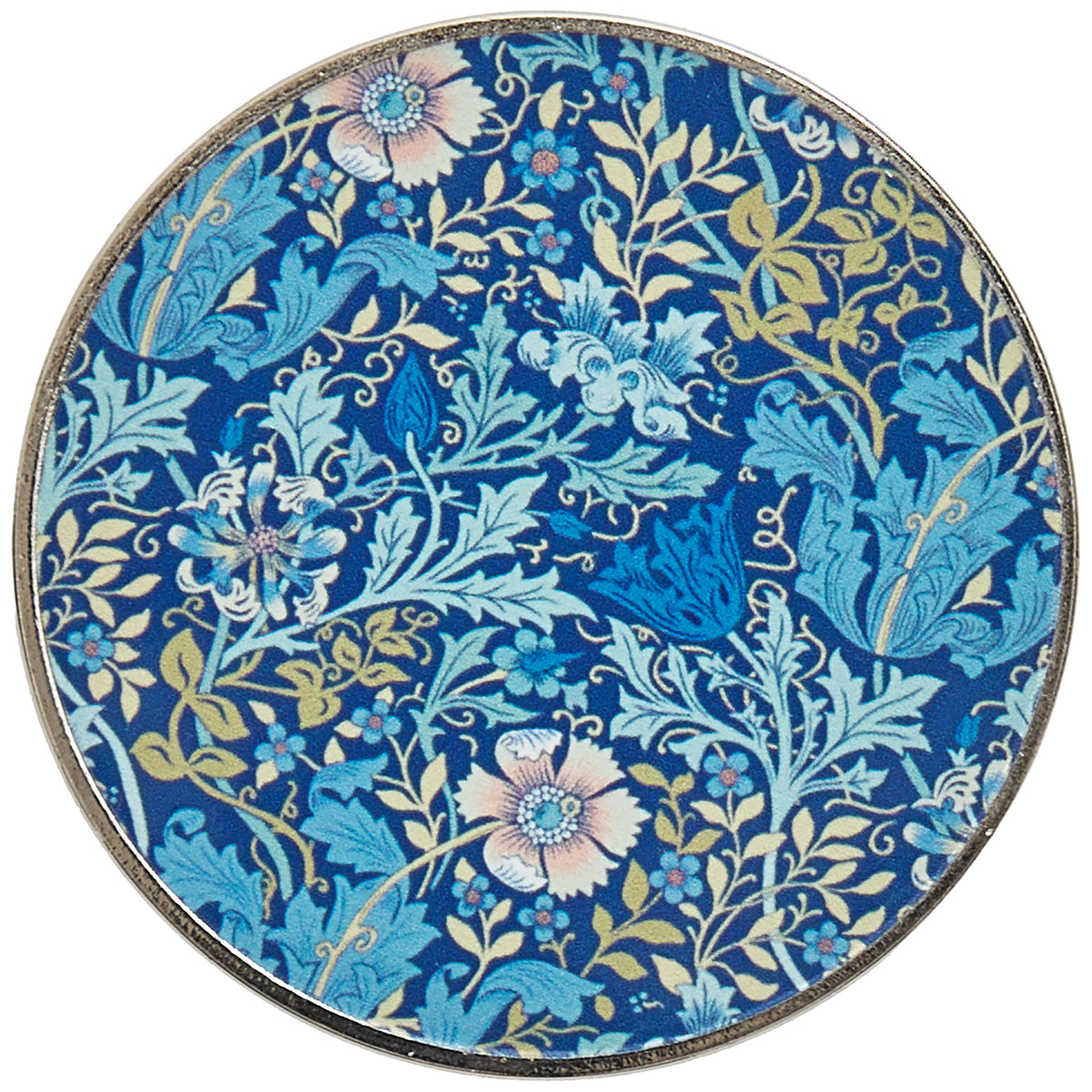 Two round metal pattern weights with woodblock print