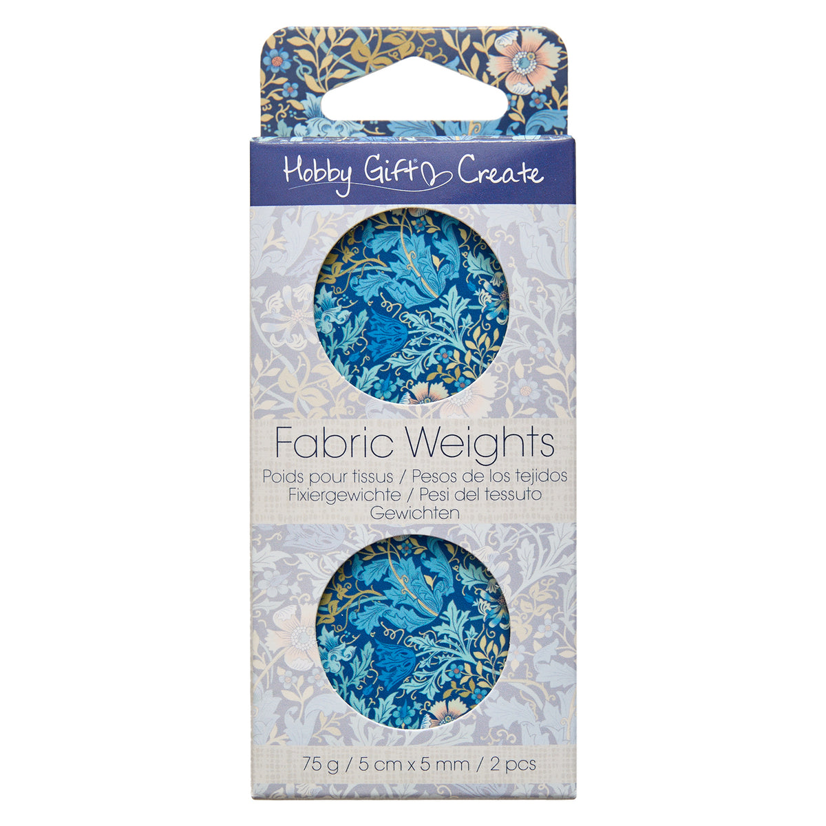 Two round metal pattern weights with woodblock print