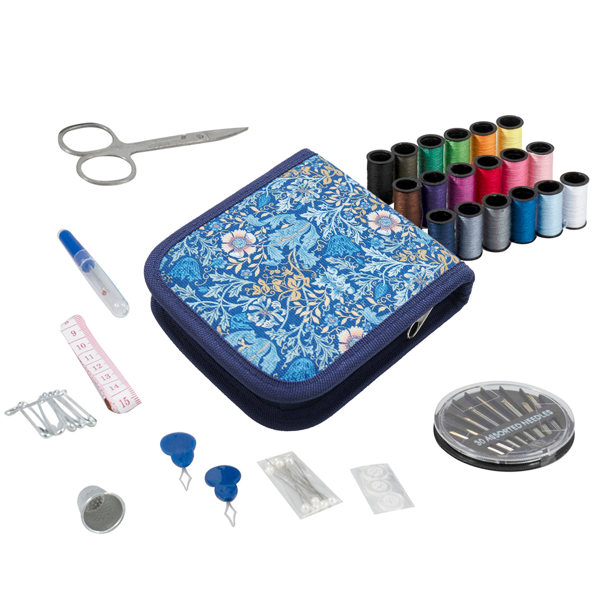 Zipped square sewing kit case in woodblock floral print