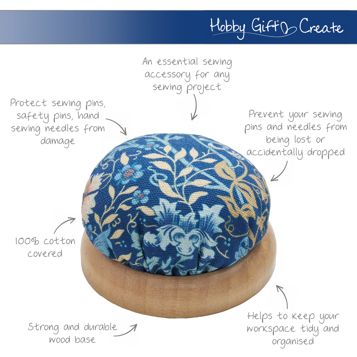 Round fabric pin cushion on a wooden base