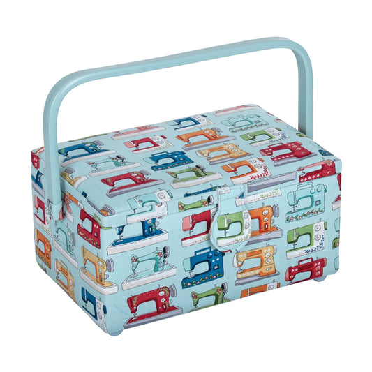 Fabric covered sewing box with sewing machine print