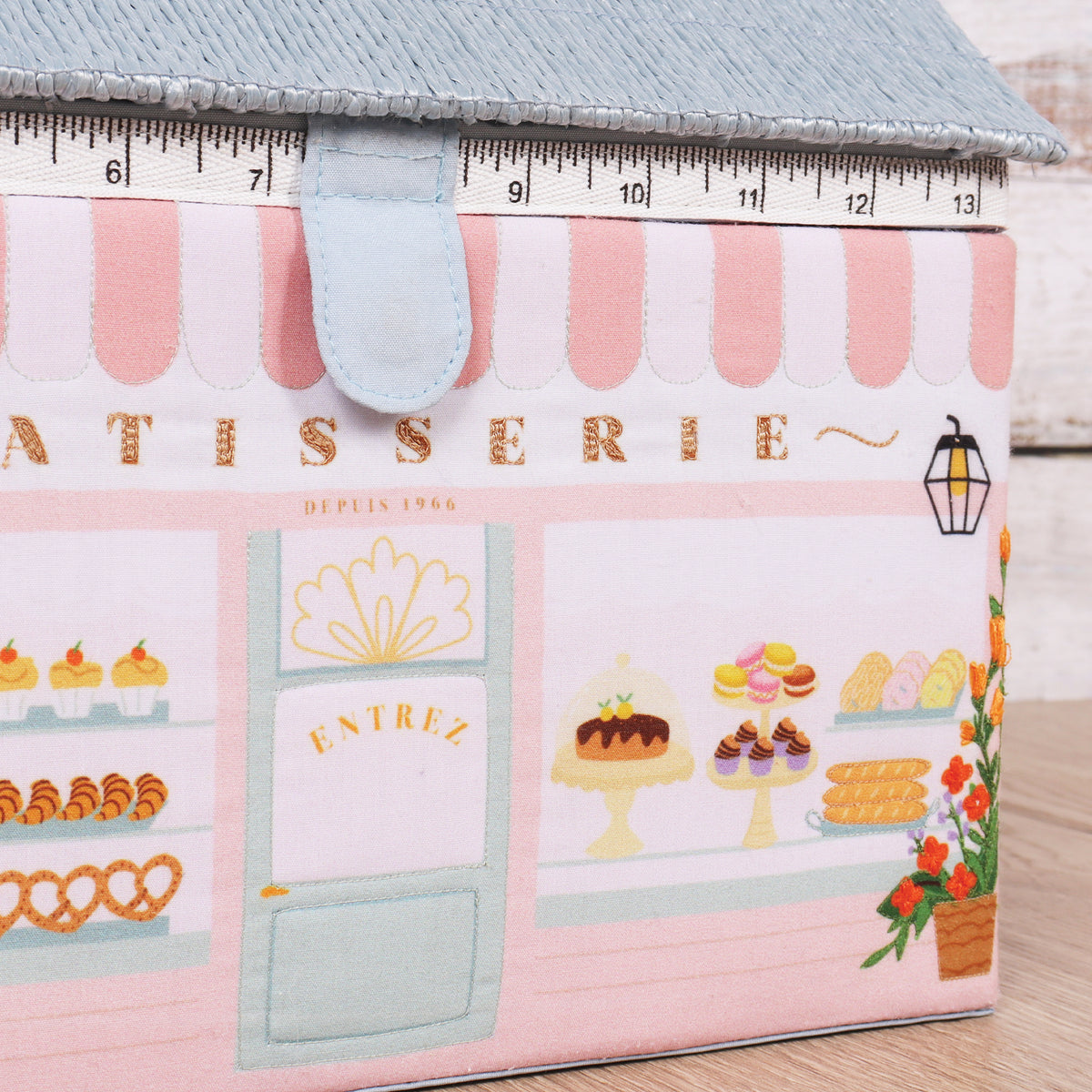 Patisserie shop shaped sewing box with wicker roof
