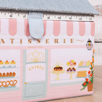 Patisserie shop shaped sewing box with wicker roof