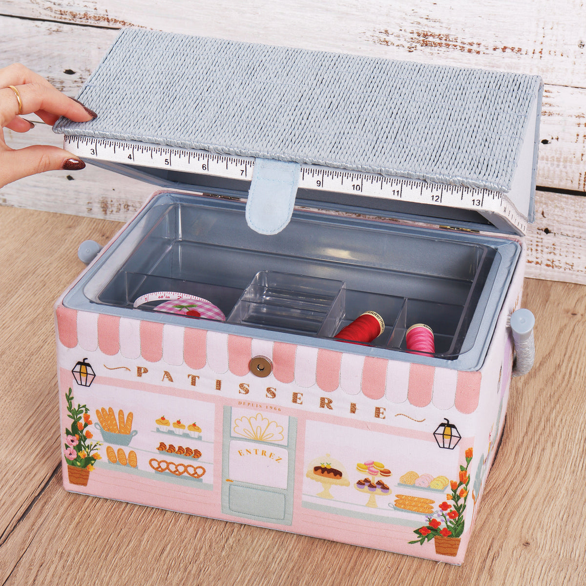 Patisserie shop shaped sewing box with wicker roof