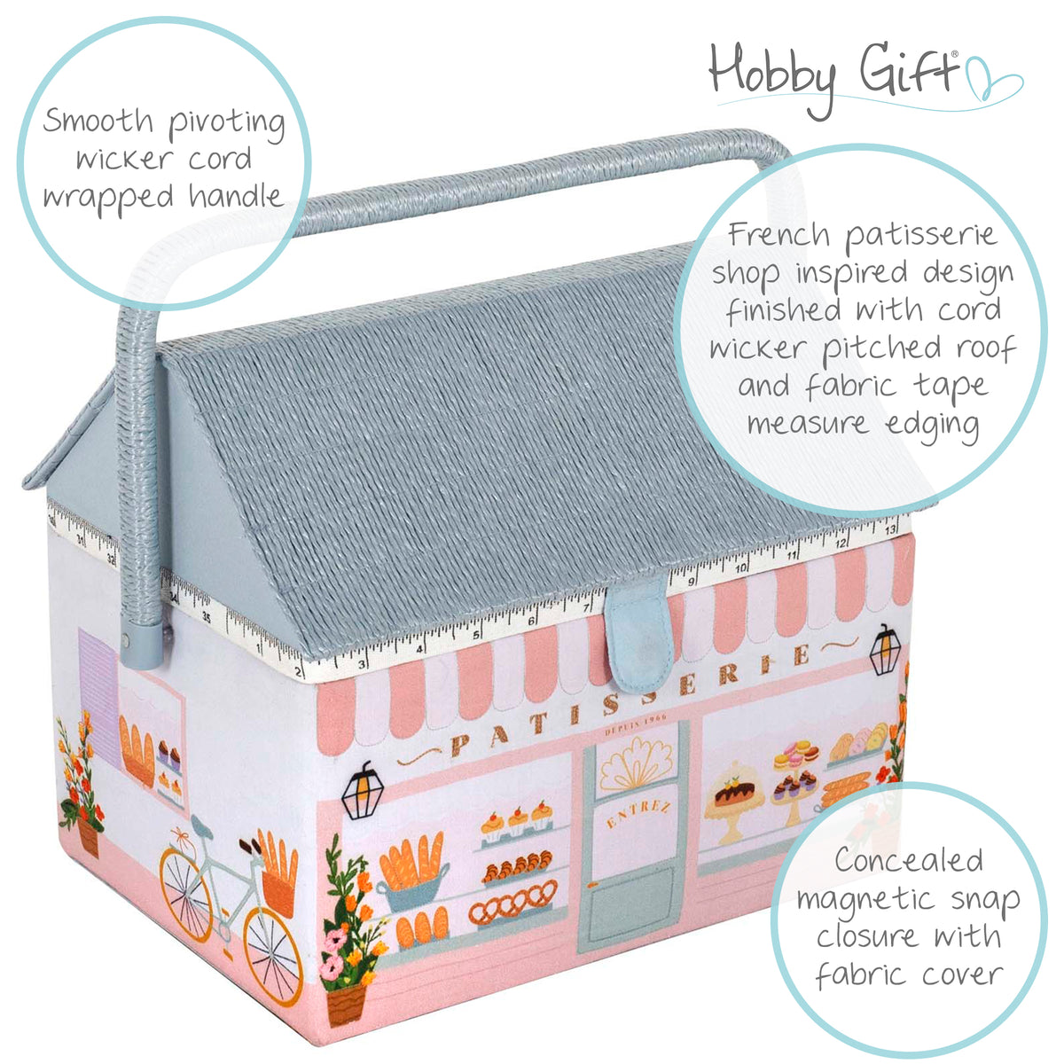 Patisserie shop shaped sewing box with wicker roof
