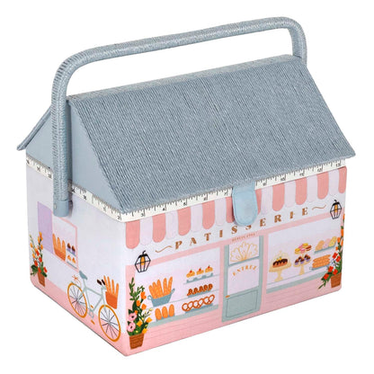 Patisserie shop shaped sewing box with wicker roof
