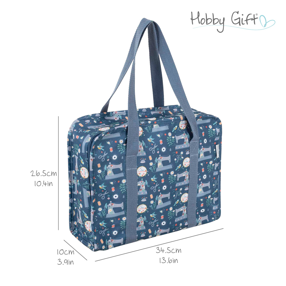 Zipped cotton craft bag with sewing machine print