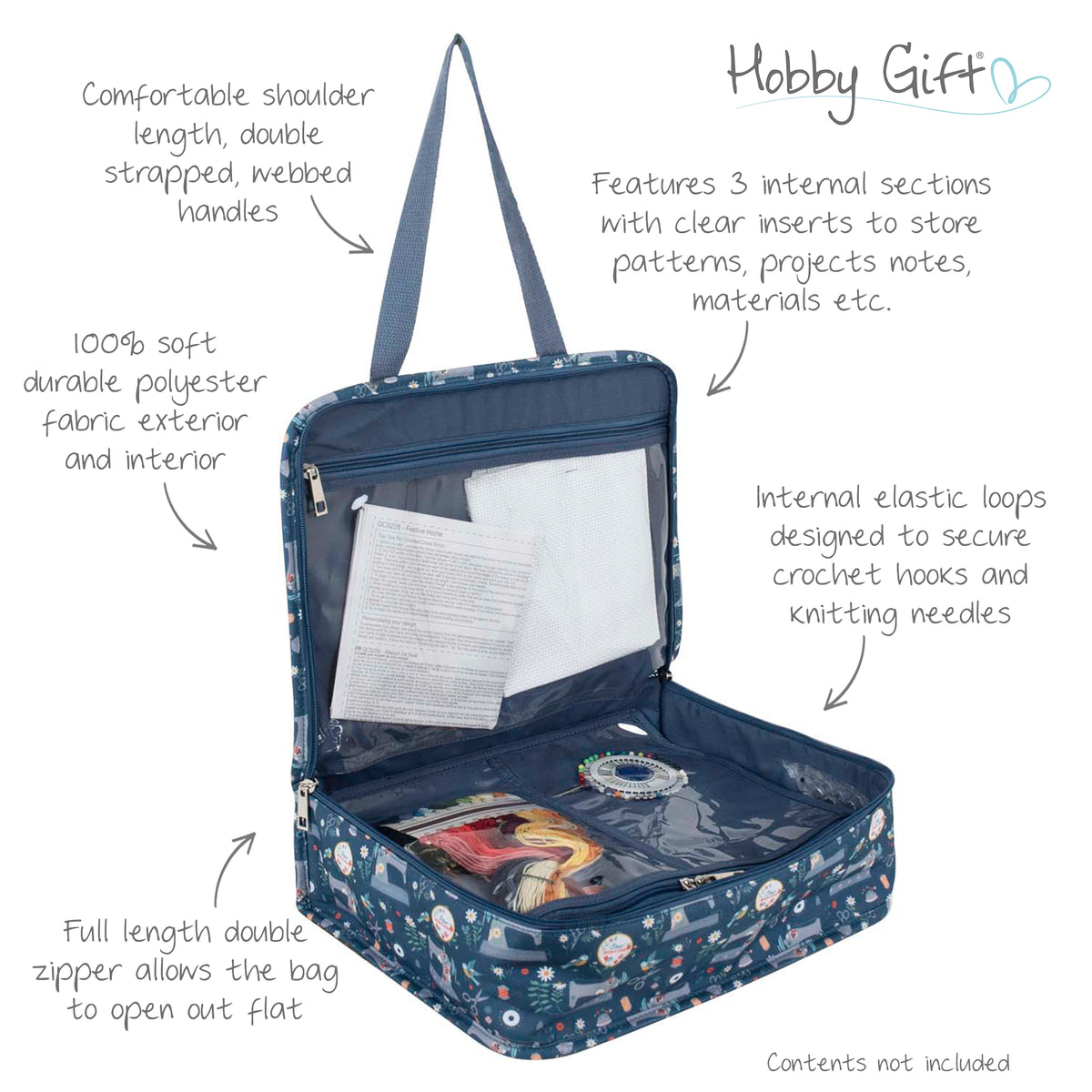 Zipped cotton craft bag with sewing machine print