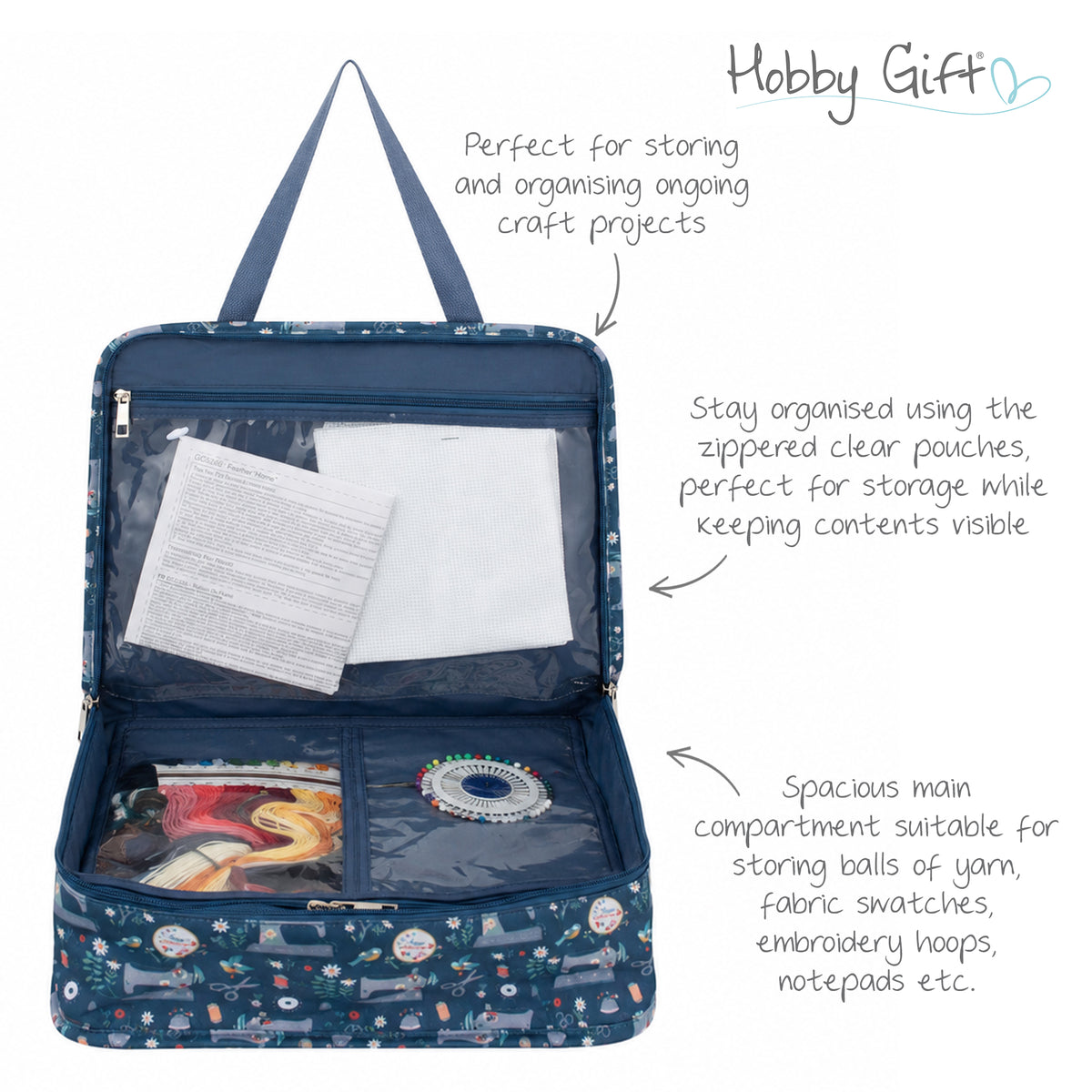 Zipped cotton craft bag with sewing machine print