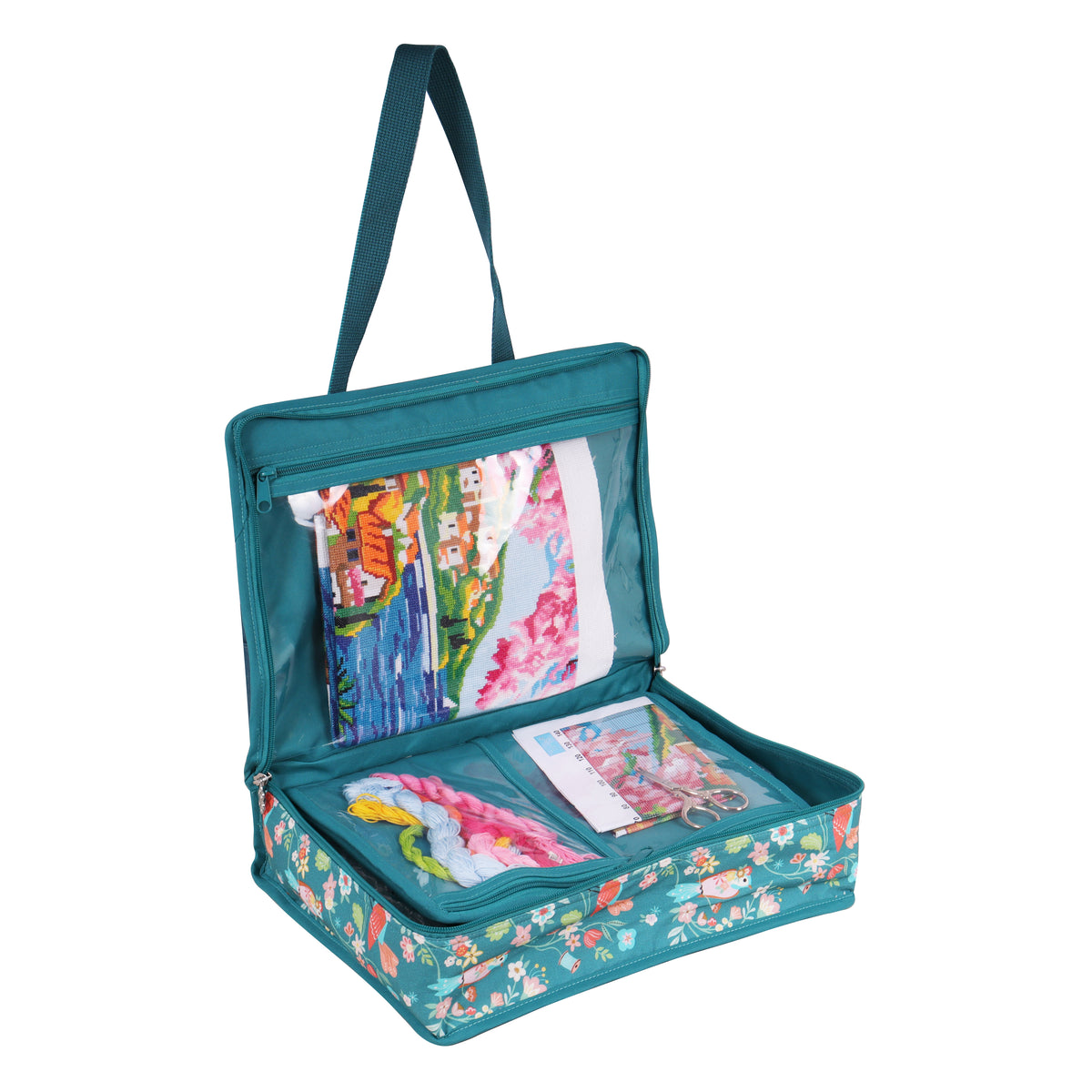 Zipped cotton craft bag with bird print and handles