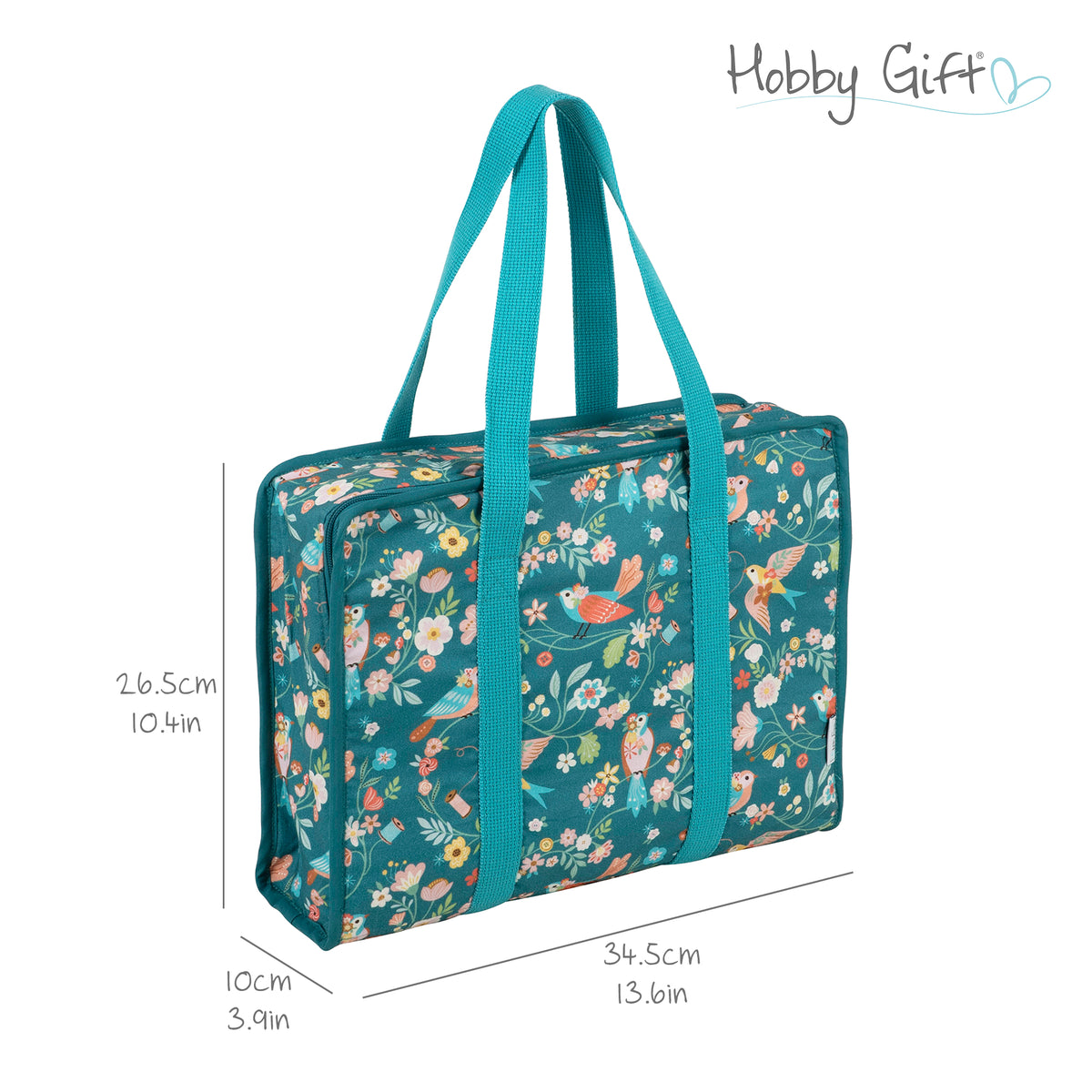 Zipped cotton craft bag with bird print and handles