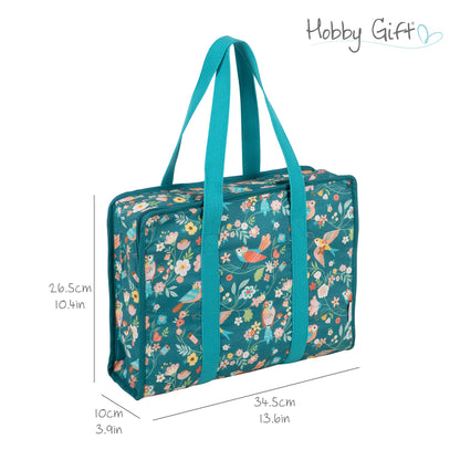 Zipped cotton craft bag with bird print and handles