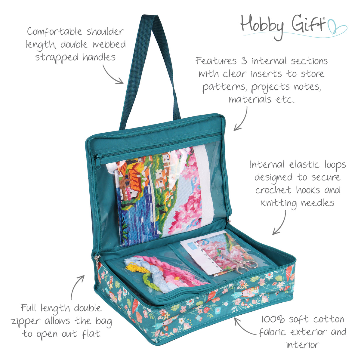 Zipped cotton craft bag with bird print and handles