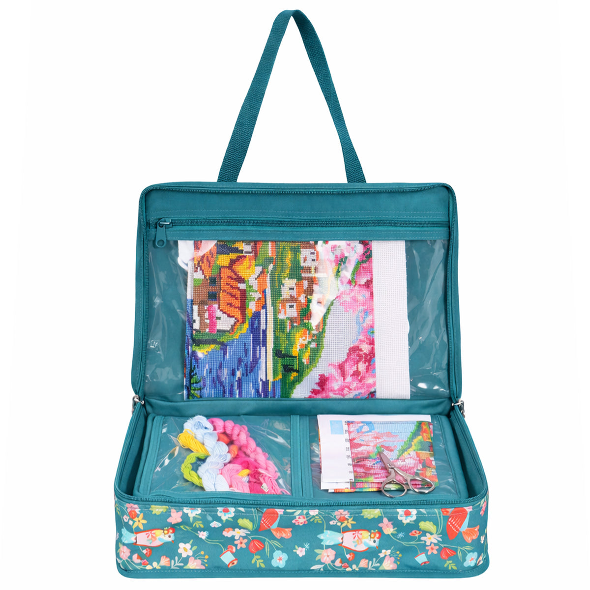 Zipped cotton craft bag with bird print and handles