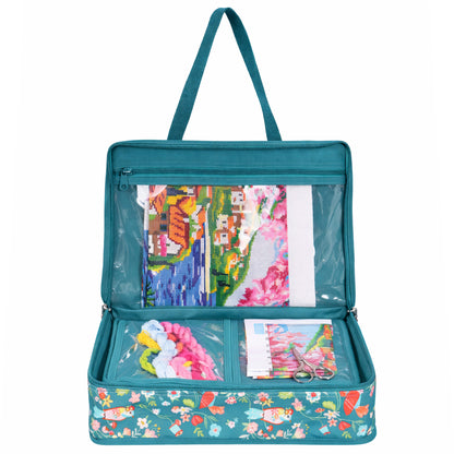 Zipped cotton craft bag with bird print and handles