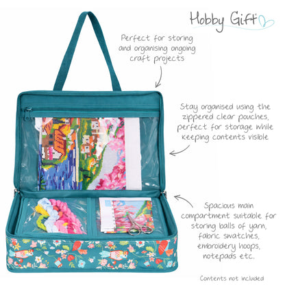 Zipped cotton craft bag with bird print and handles