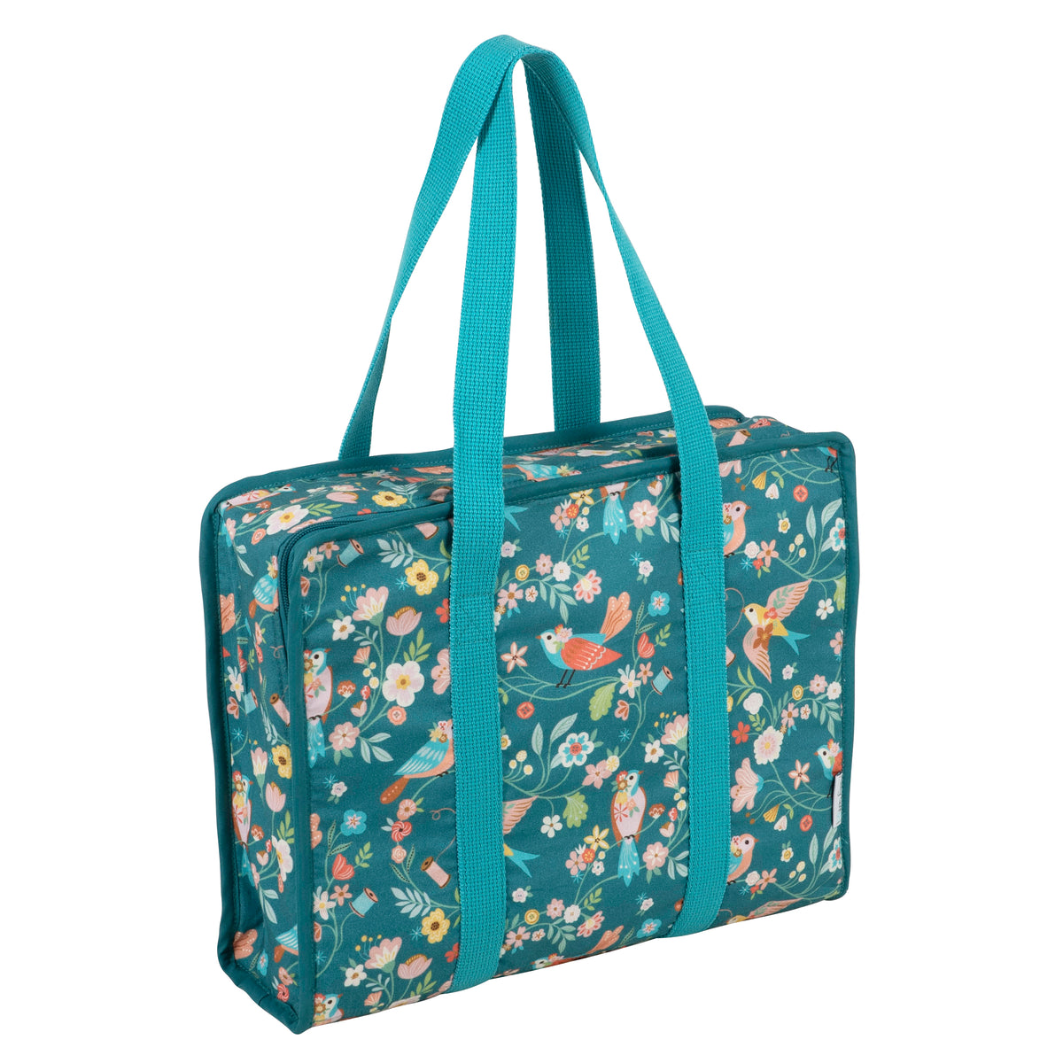 Zipped cotton craft bag with bird print and handles