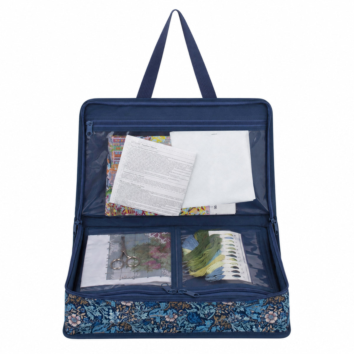 Zipped cotton craft bag in woodblock floral print