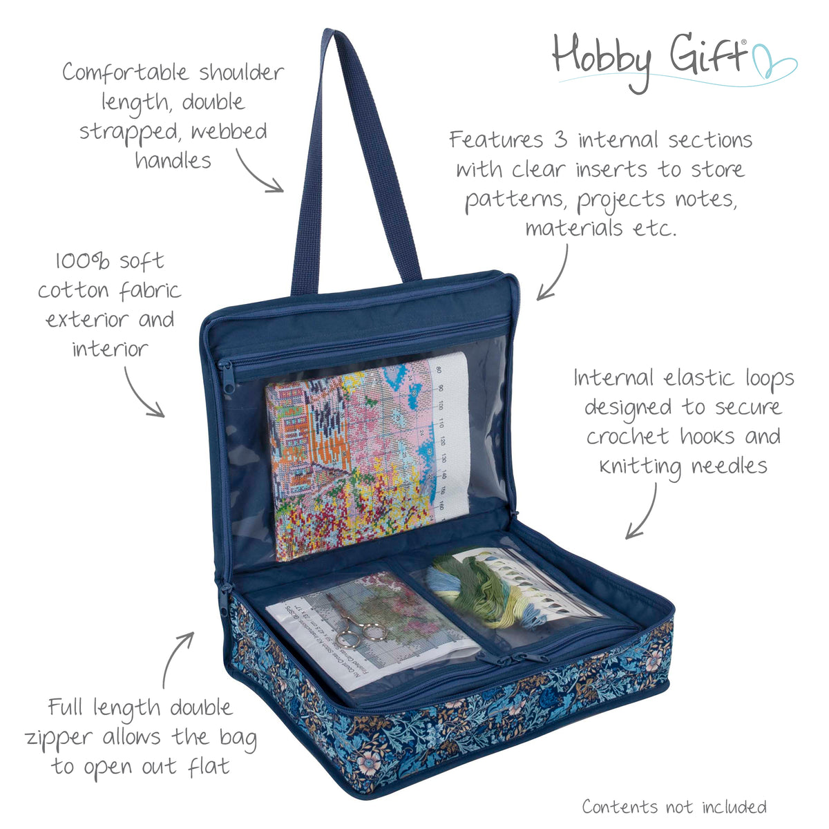 Zipped cotton craft bag in woodblock floral print