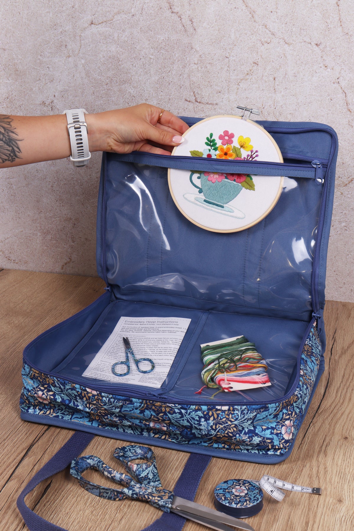 Zipped cotton craft bag in woodblock floral print
