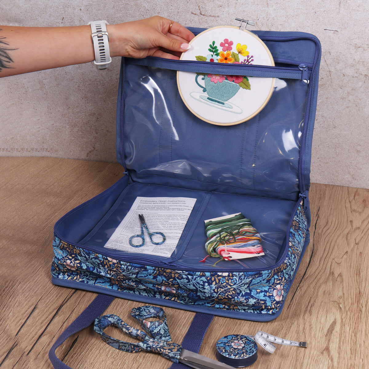 Zipped cotton craft bag in woodblock floral print