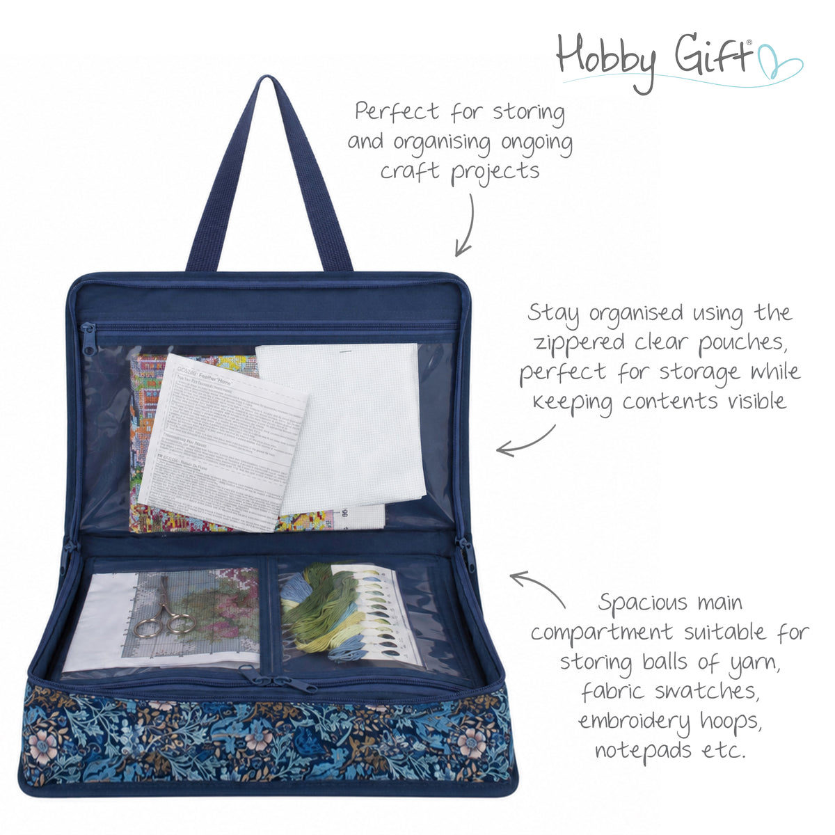 Zipped cotton craft bag in woodblock floral print