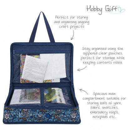 Zipped cotton craft bag in woodblock floral print