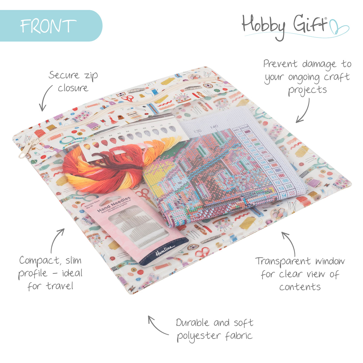 Flat cotton project pouch with clear zipped front